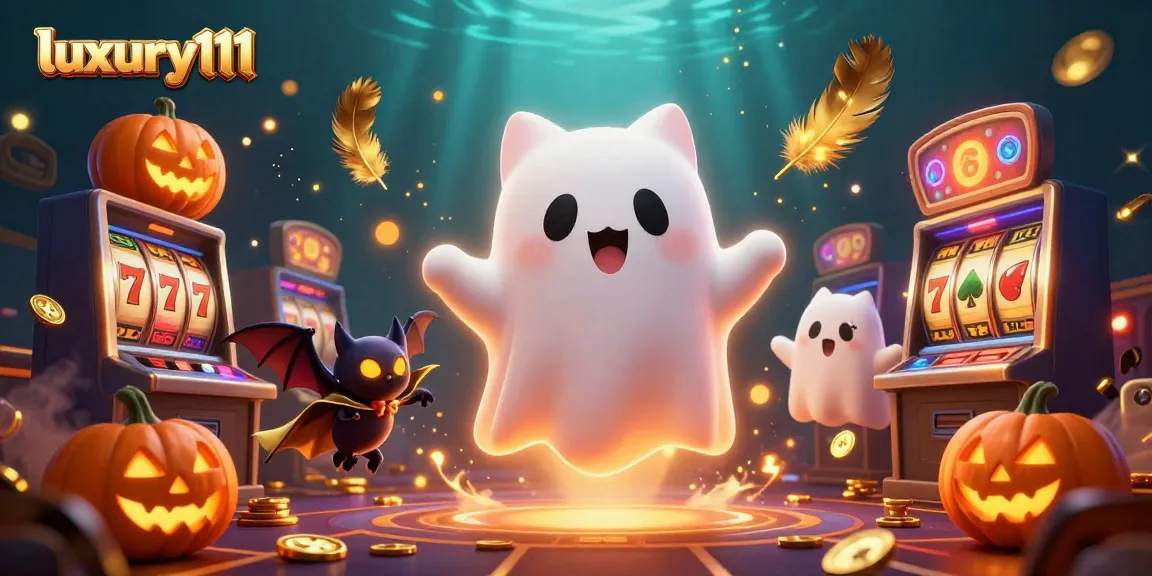 Experience the thrill of luxury111 with vibrant casino visuals featuring a friendly ghost cat and gambling excitement.