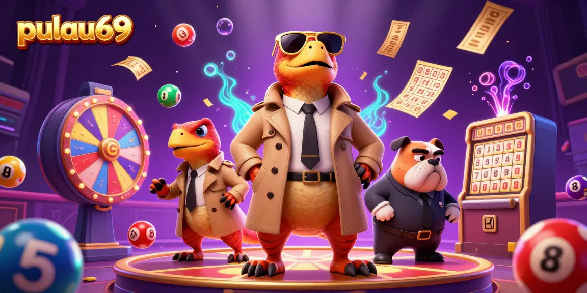 Experience pulau69 in this vibrant 3D casino scene, filled with lottery elements and cartoon antics.