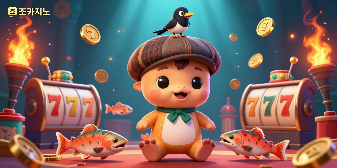 Experience thrilling moments at 조이카지노 with vibrant slot machines and playful characters in a dynamic casino scene.