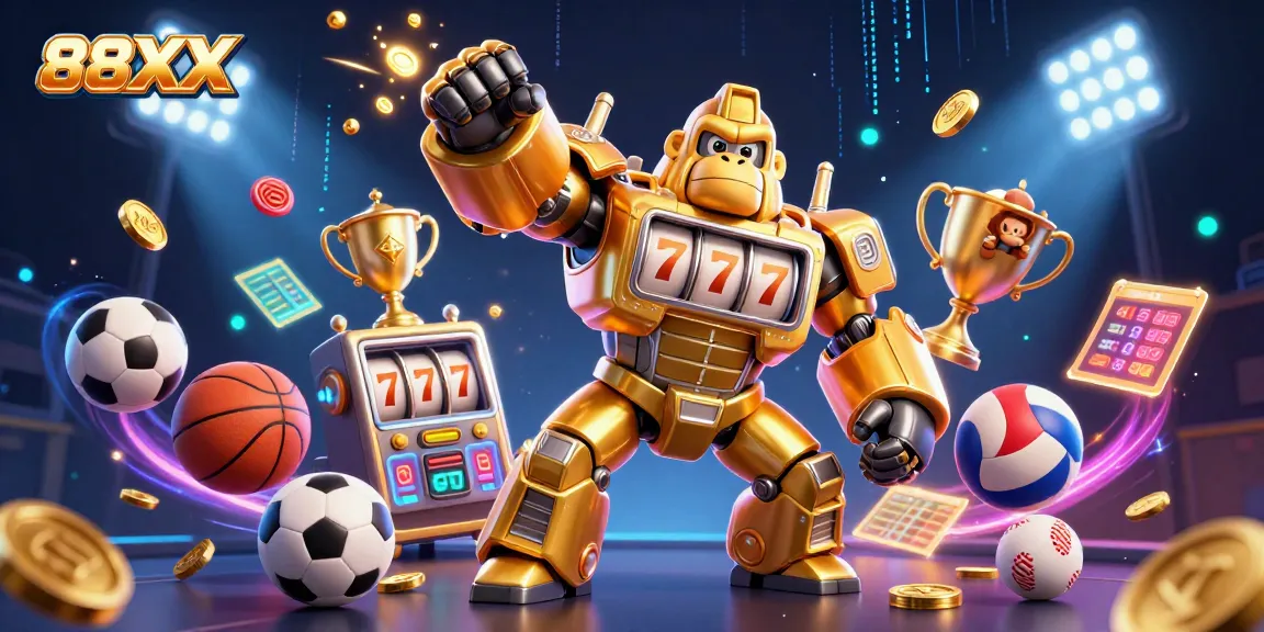 Engage with 88XX’s thrilling slots featuring a golden gorilla mech amidst flying sports elements and dynamic action.