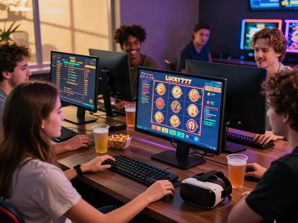 Group enjoying Lucky777 online gaming with vibrant slots and snacks.