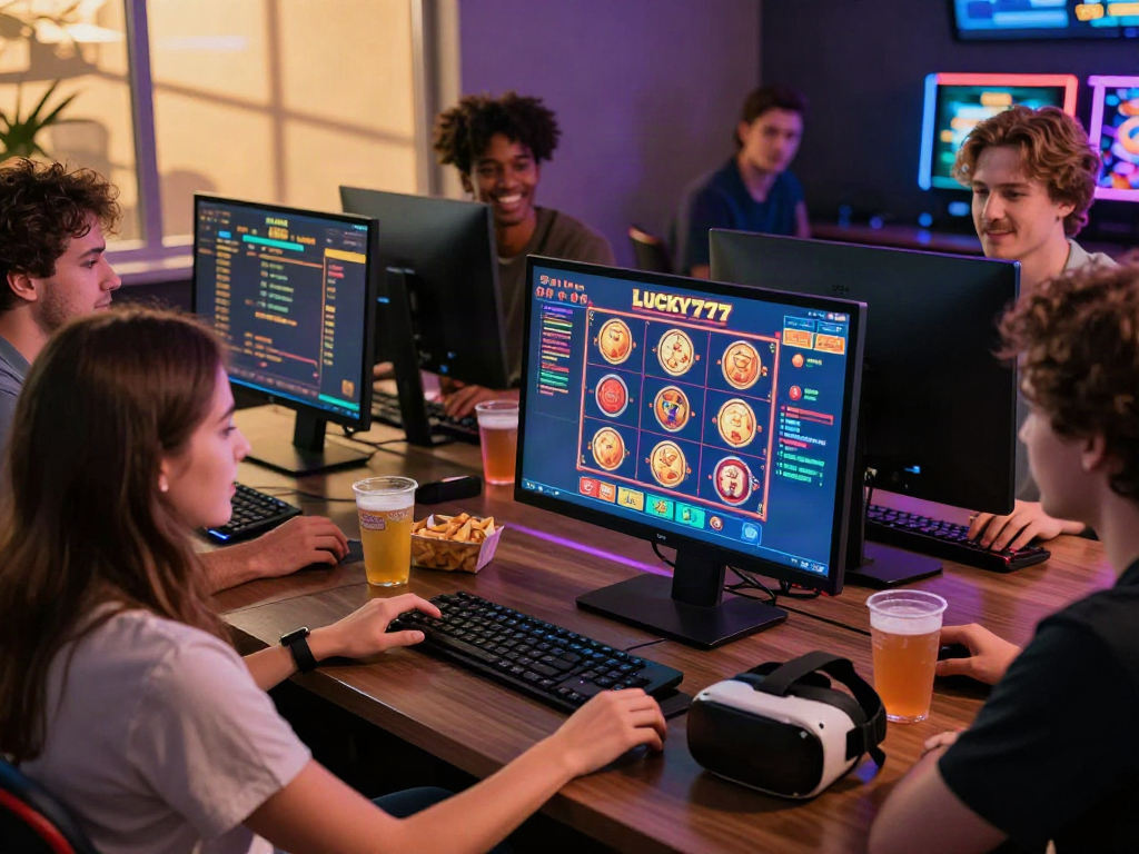 Group enjoying Lucky777 online gaming with vibrant slots and snacks.