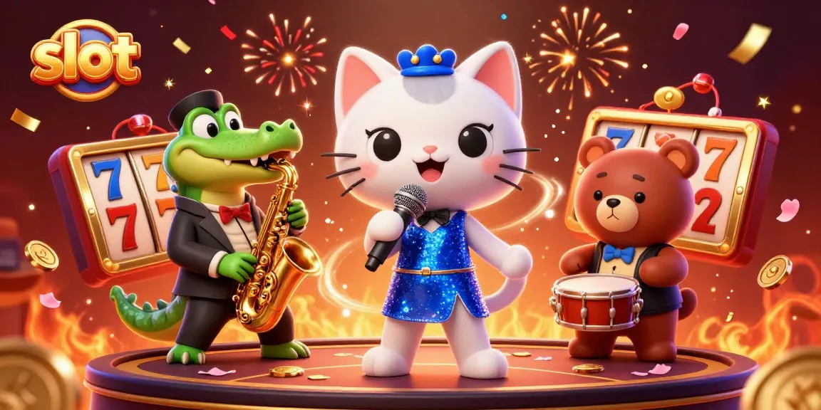 Spin and win on vibrant slot reels in a festive casino scene featuring playful animal musicians.