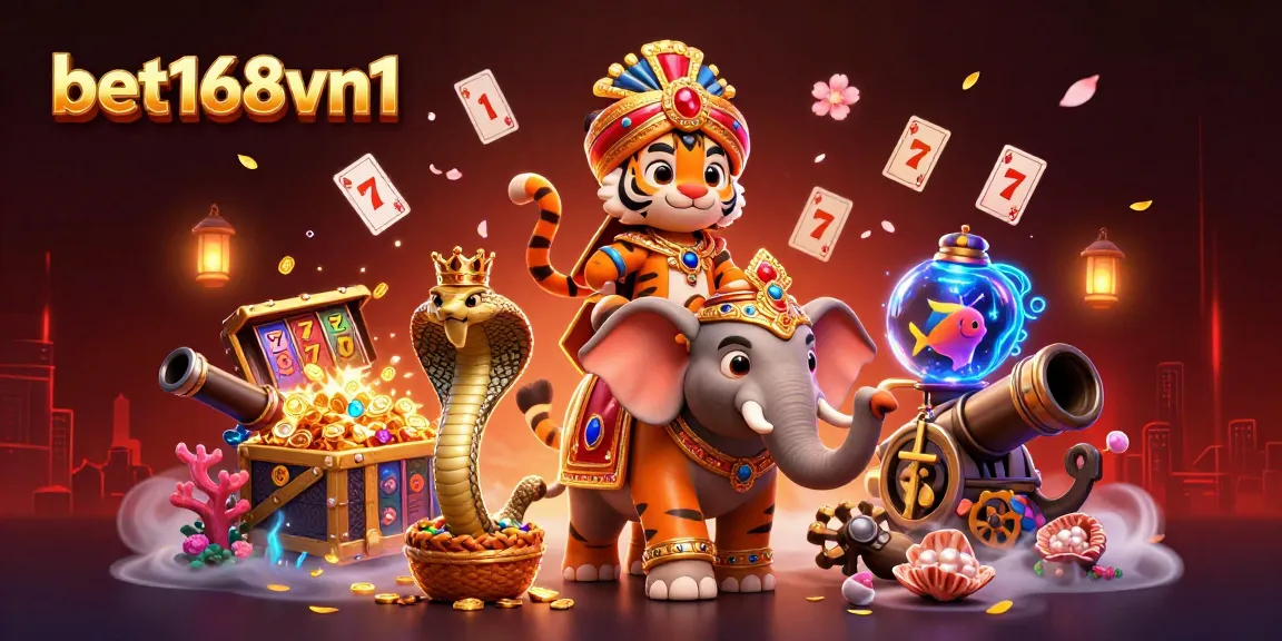 Experience the excitement of bet168vn1 with a tiger maharaja riding an elephant, surrounded by casino elements.
