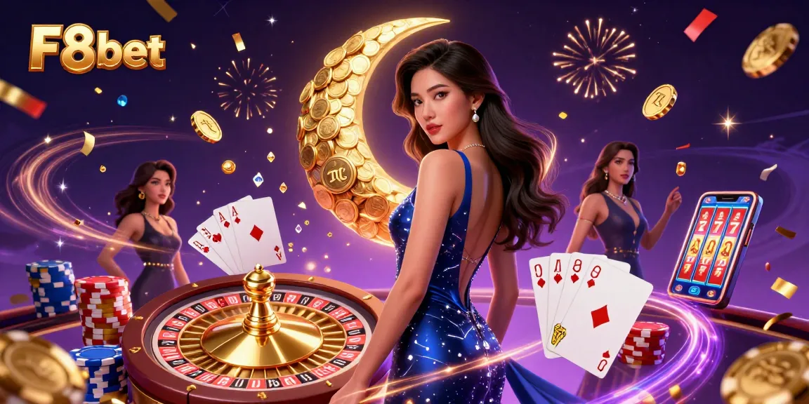 Experience the rich allure of F8bet with spinning roulettes and cascading coins in an electrifying casino scene.
