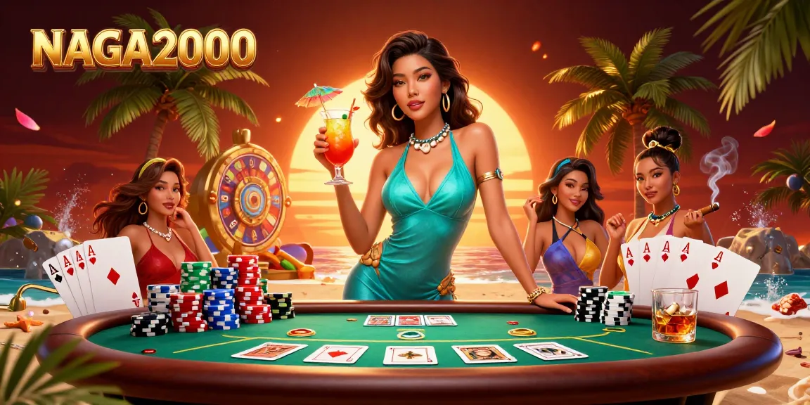 NAGA2000 membawa kegembiraan dengan wanita Asia glamor menikmati suasana kasino tropis yang dipenuhi dengan elemen poker.
