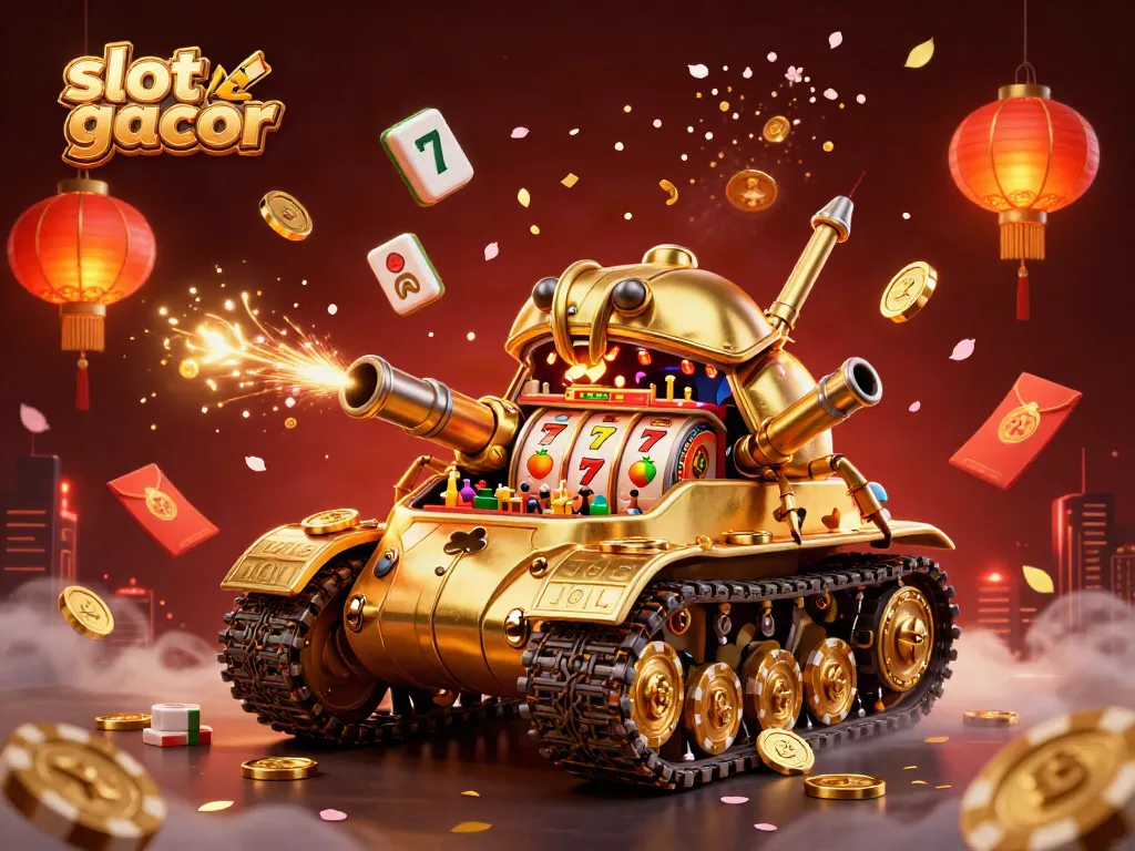 Engaging scene showcasing slot gacor with a golden beetle tank and miniature casino, vibrant gambling elements.