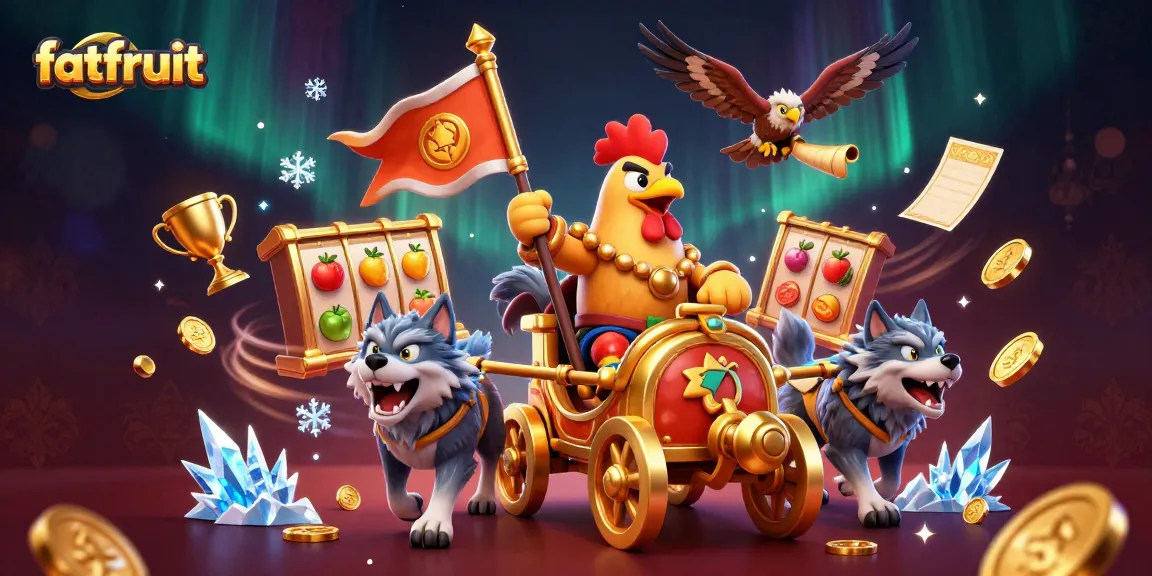 Experience thrilling slots at fatfruit with a dynamic scene featuring a rooster warlord and casino elements.