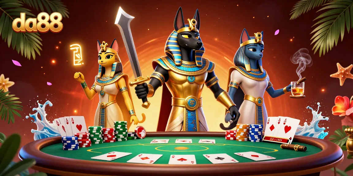 Play exciting games at da88 featuring Anubis and Bastet in a vibrant casino scene.