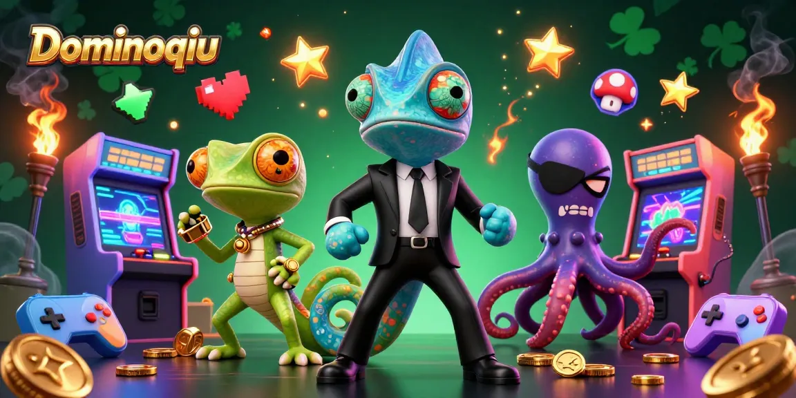 Engage with Dominoqiu's thrilling gameplay featuring animated characters and casino-inspired elements.