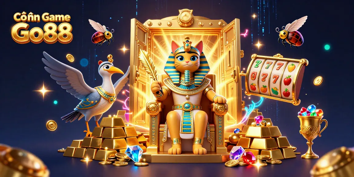Cổng Game Go88 showcases an Egyptian pharaoh cat surrounded by slot game elements and treasures.