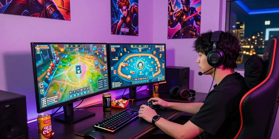 Gamer immersed in sunwin card game, dual monitors showing colorful animations, snacks and drinks around