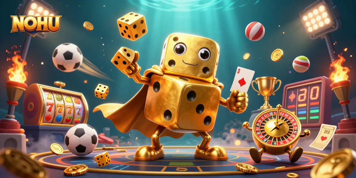 Engage with NOHU at this vibrant casino scene featuring colorful slot reels and themed elements.