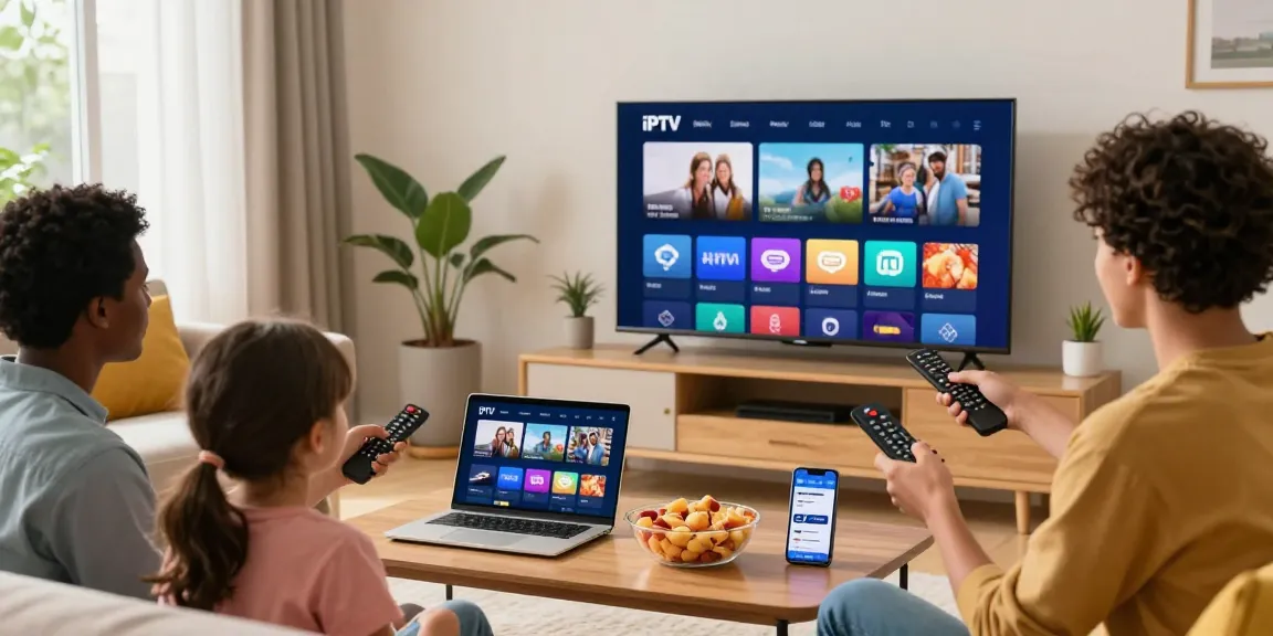 Family enjoying the Indie Hackers – Best IPTV USA guide on their smart TV in a cozy living room.
