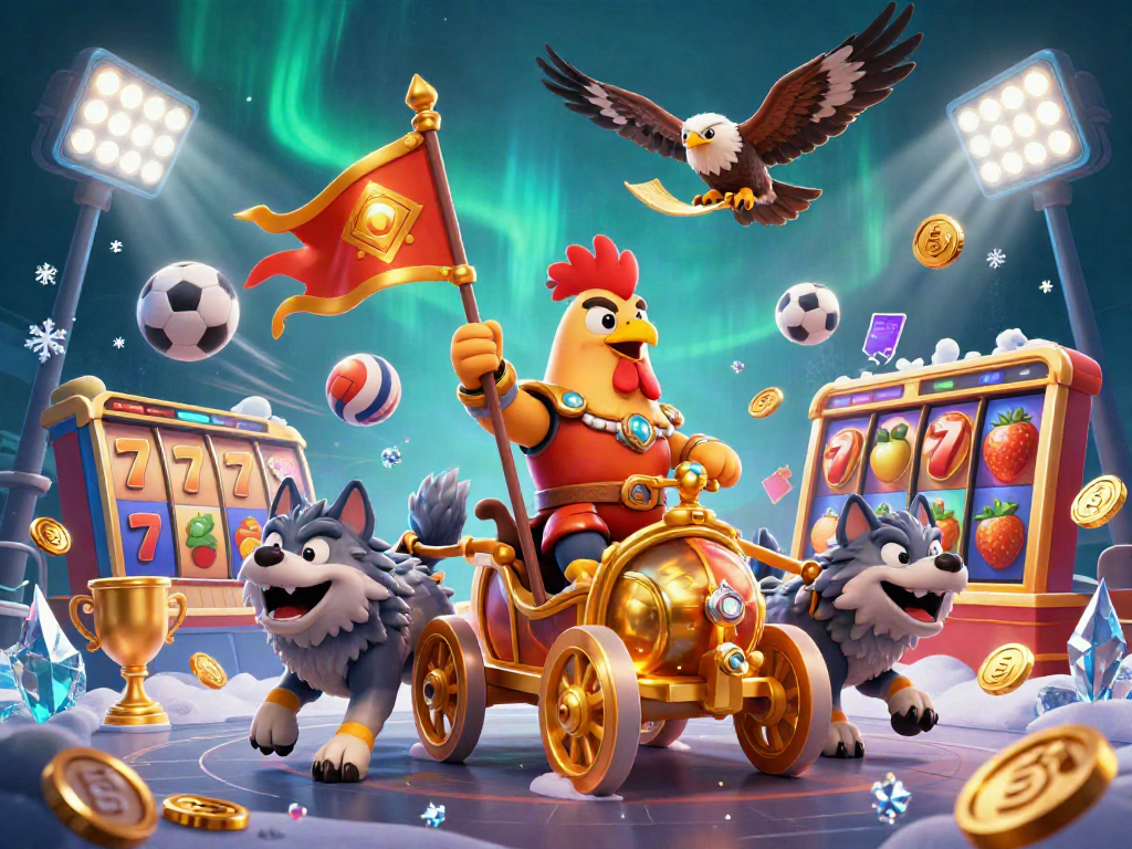 Menggambarkan permainan slot dengan simbol keberuntungan dan karakter menarik di latar belakang cahaya aurora