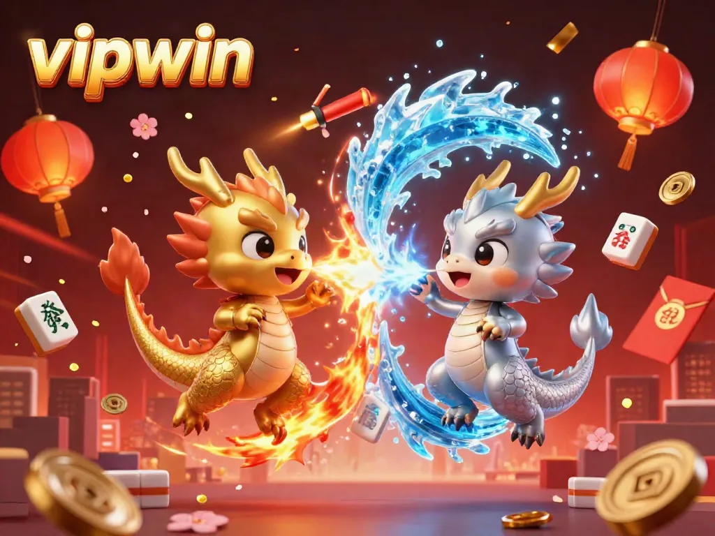 Engage with vipwin's thrilling casino atmosphere featuring dynamic dragons and festive game elements.