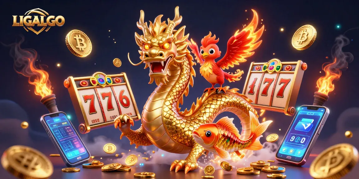 LIGALGO slots scene featuring a golden dragon, a phoenix, and a koi fish amidst vibrant gaming elements and coins.