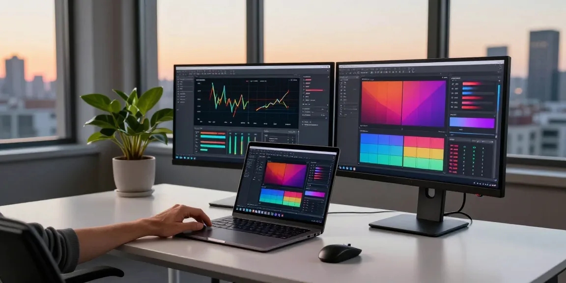 Testing the M5 MacBook in a modern tech workspace with dual monitors and vibrant organization.