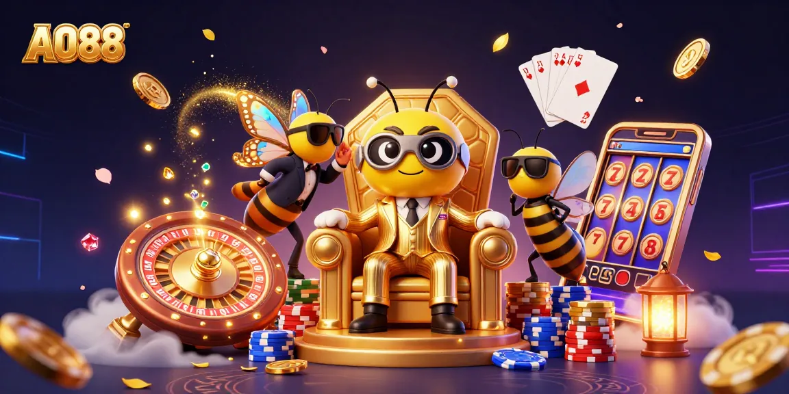 Experience thrilling gambling with AO88 featuring a cartoon bumblebee mob boss and vibrant casino elements.