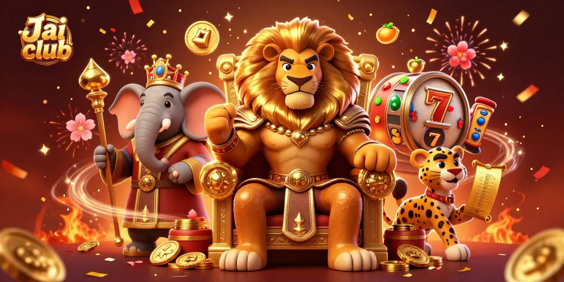 Engage with Jai club's exciting slot games showcasing a majestic lion king, elephant adviser, and swift cheetah in a festive gambling scene.