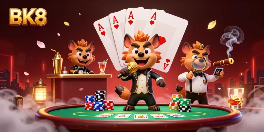 Experience the vibrant BK8 casino scene with hyenas entertaining and drinks flowing, perfect for gambling fans.