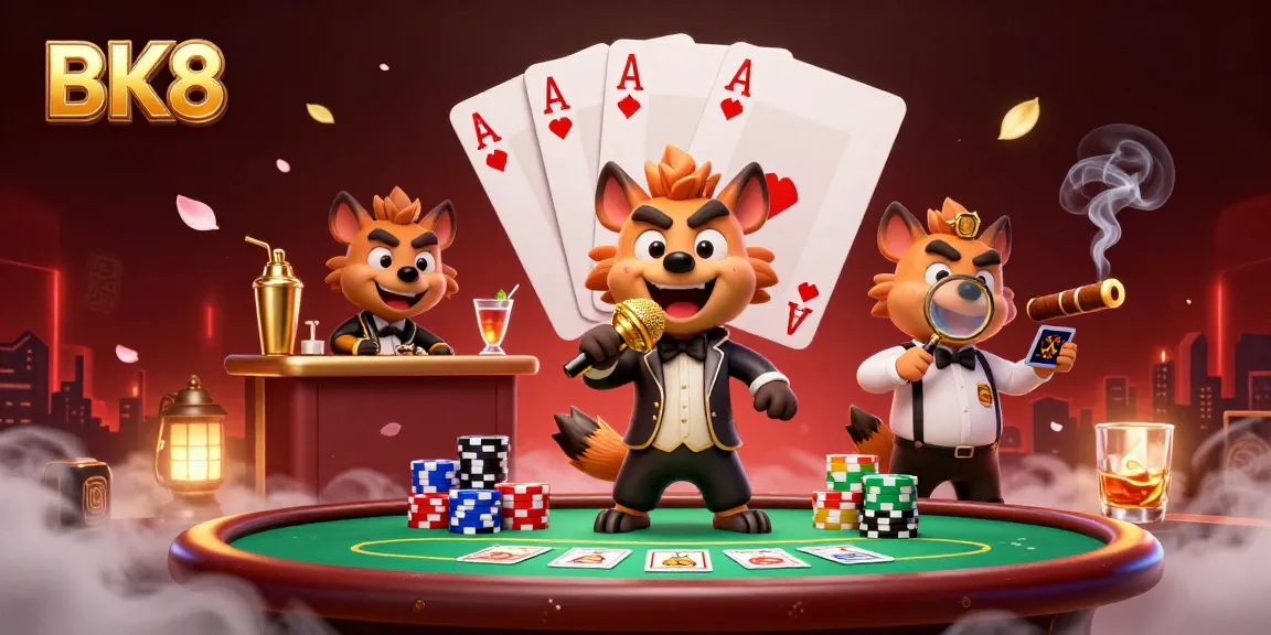 Experience the vibrant BK8 casino scene with hyenas entertaining and drinks flowing, perfect for gambling fans.