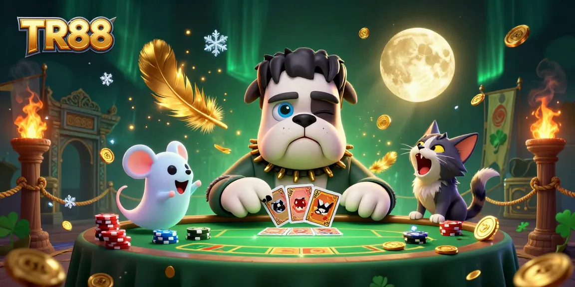 TR88's Frankenstein bulldog deals cards under a spooky green light, charming players with ghostly fun.