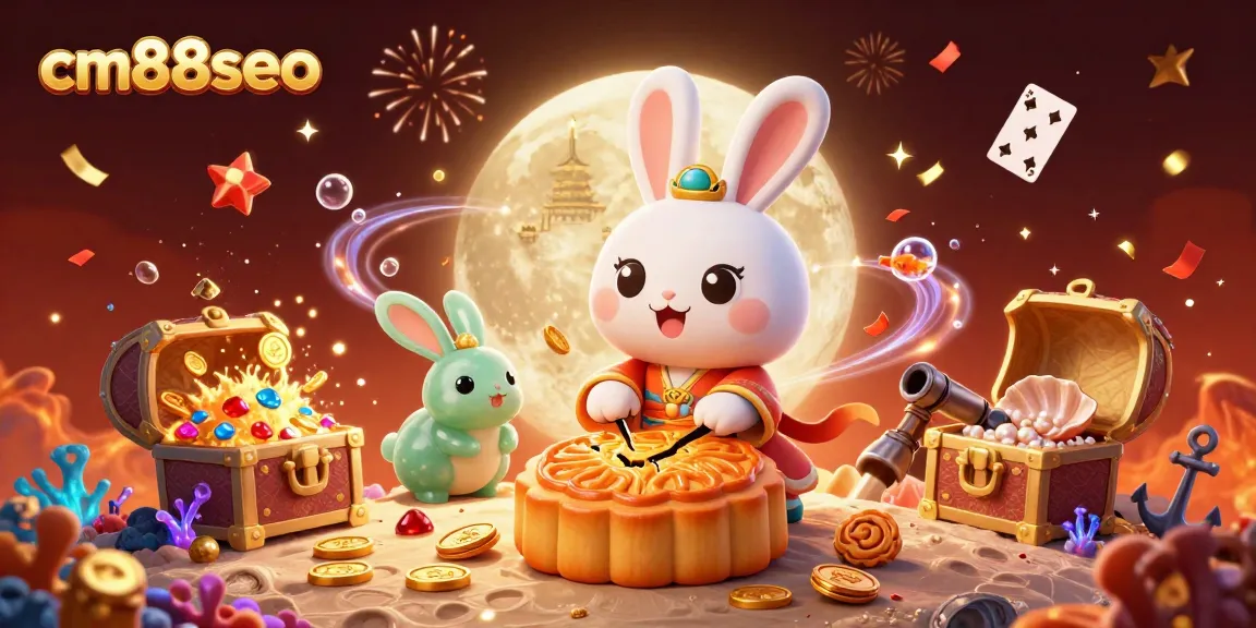 Play and win big at cm88seo with the moon rabbit and golden treasures in a vibrant casino-themed illustration.