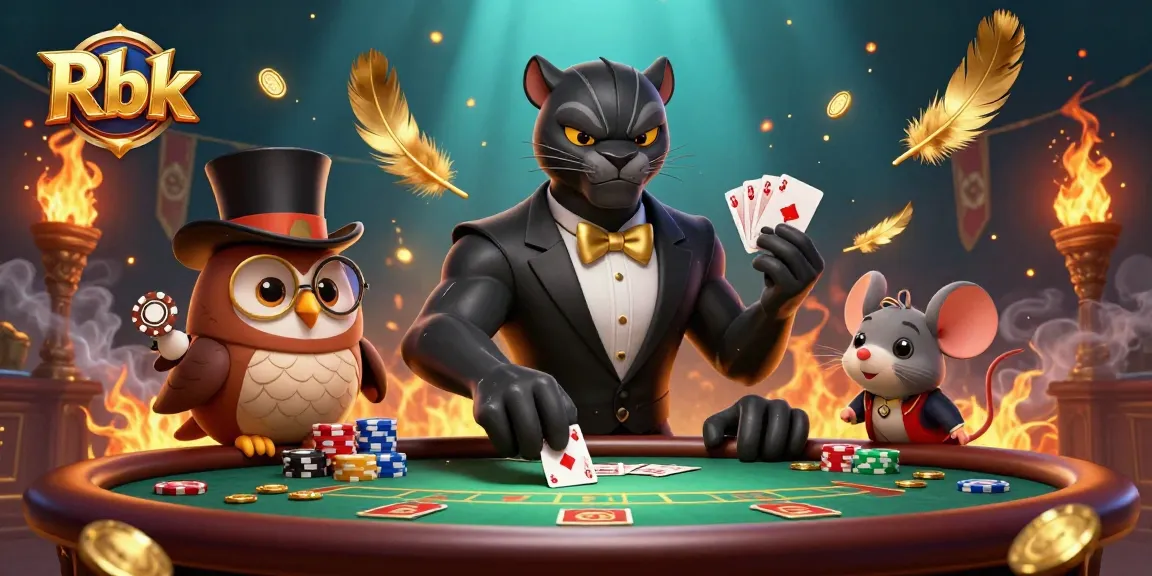 Rbk showcases a stylish panther dealing poker cards at a vibrant casino scene filled with dynamic game elements.