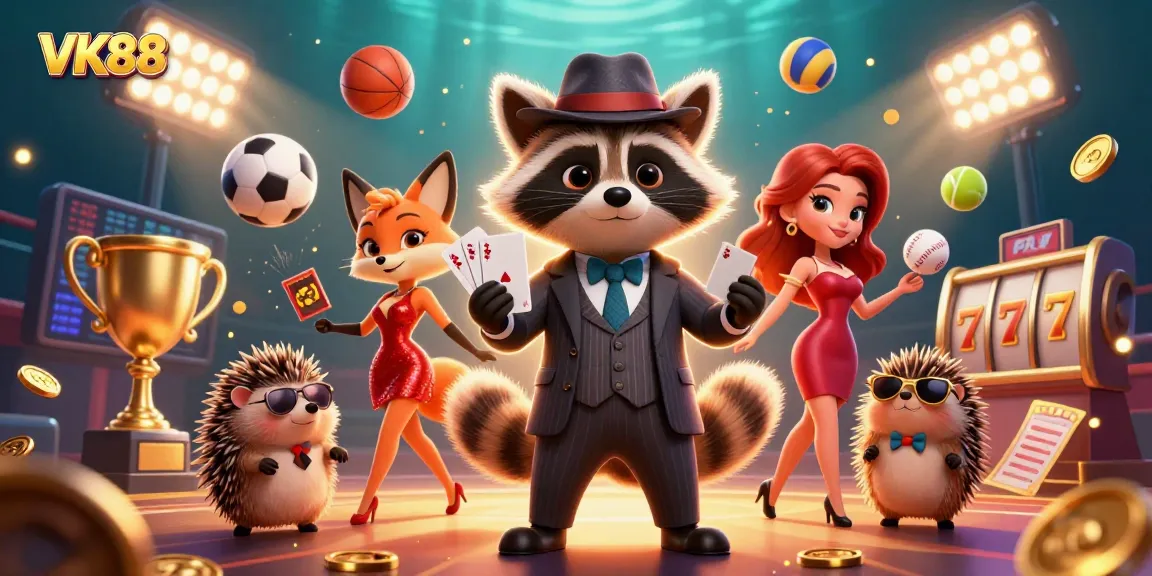 VK88 sports betting scene featuring a raccoon with a royal flush, surrounded by dynamic sports elements.
