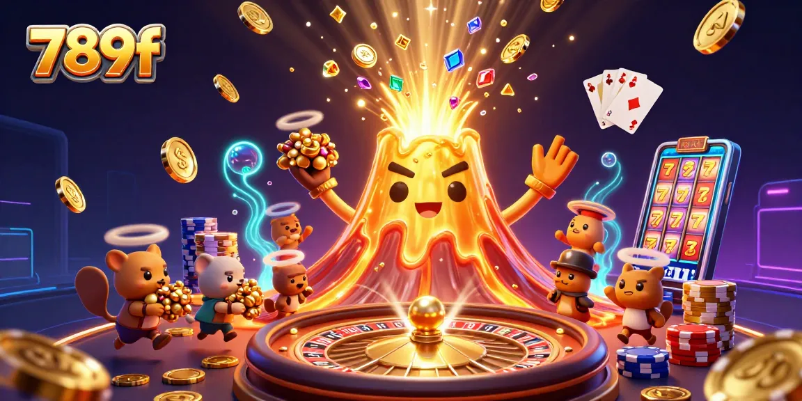 Experience thrilling wins at 789f with golden lava and treasure erupting from a volcano in this vibrant casino scene.