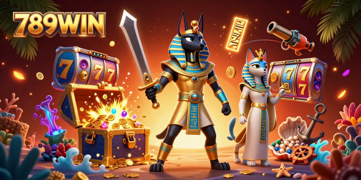 Experience thrilling slots at 789WIN with Anubis and Bastet surrounded by treasure and gaming elements.