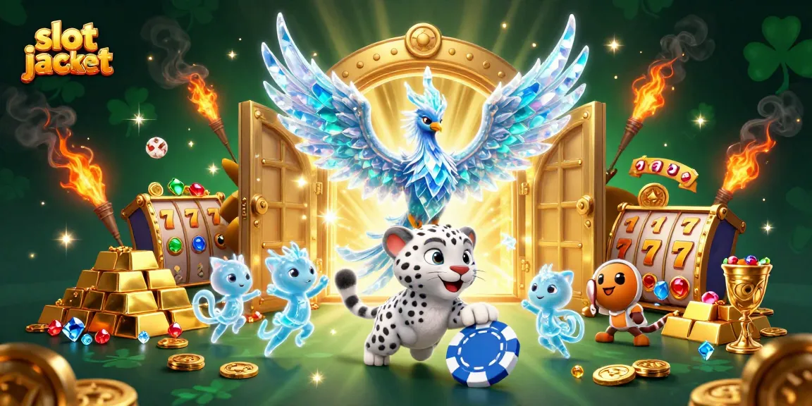 Slot jackpot menggambarkan phoenix es, macan tutul, dan sprite es dalam suasana kasino yang kaya.