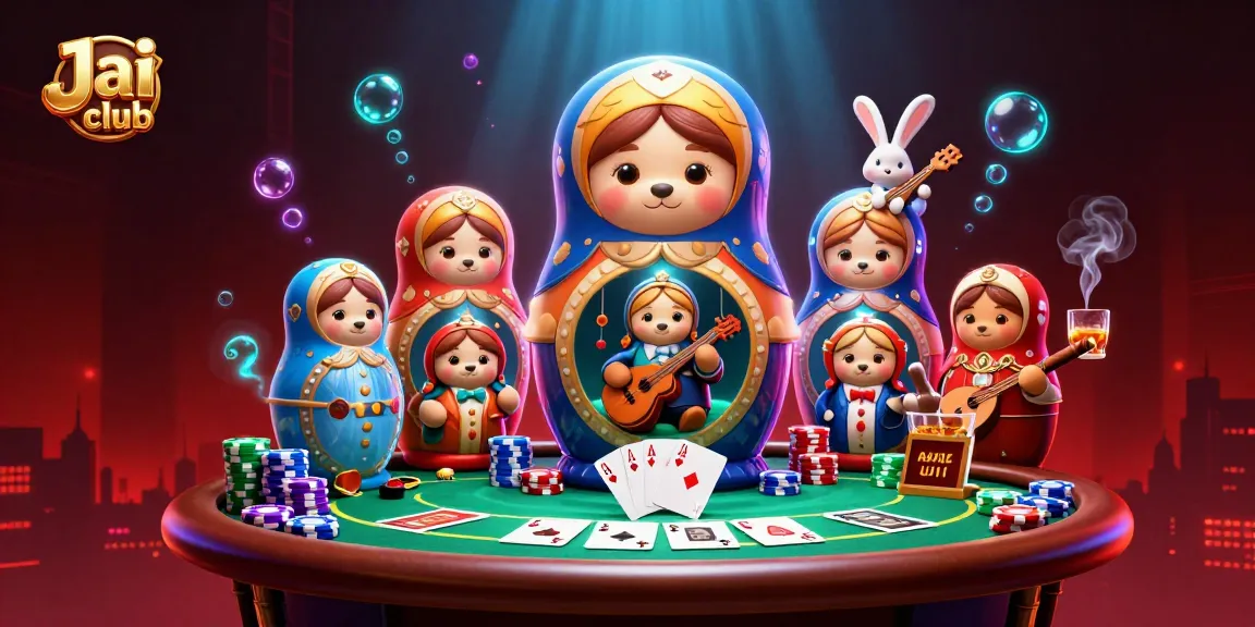 Engage with thrilling Jai club poker action featuring playful 3D bears and lively gaming elements.