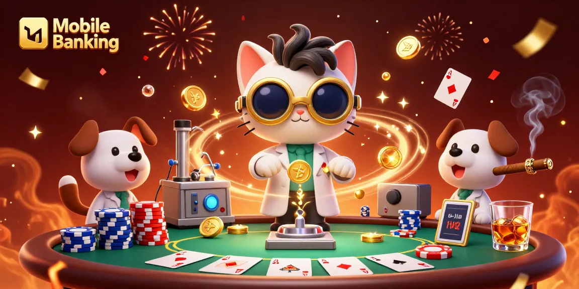Mengelola transaksi keuangan dengan Mobile Banking sambil menikmati permainan kartu di meja poker yang meriah.