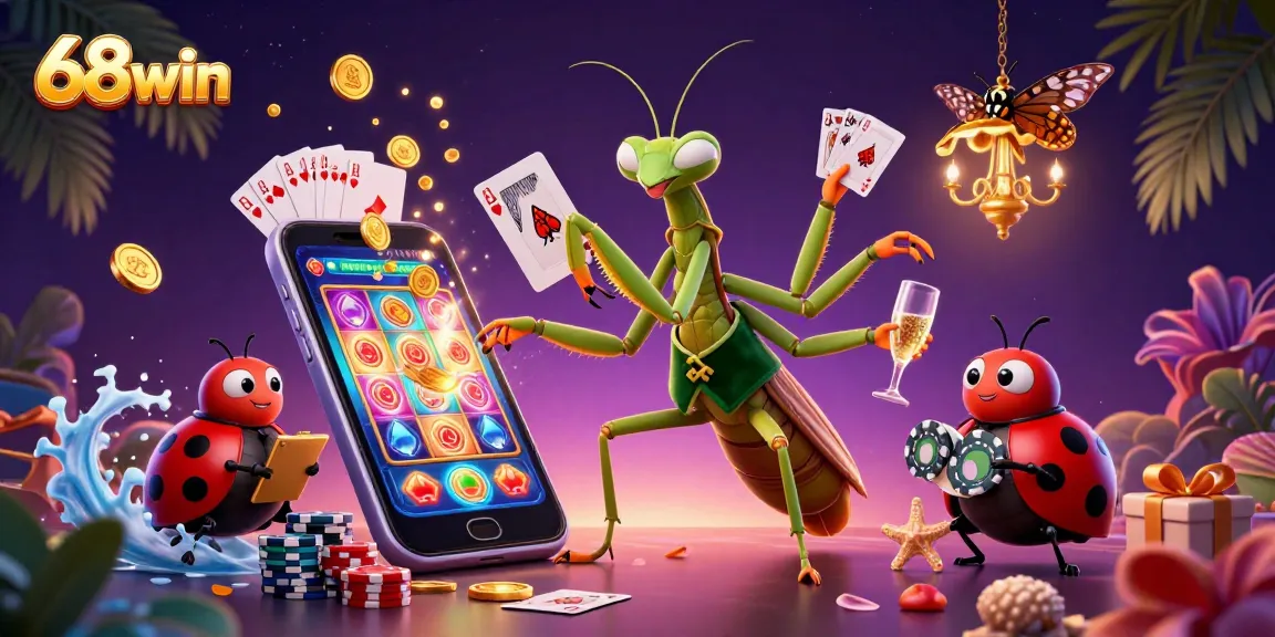 Experience vibrant 68win casino excitement with cartoon characters, slot games, and dynamic graphics.