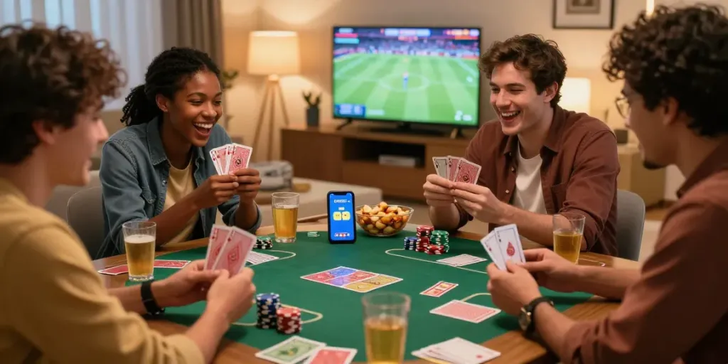 Friends playing 3 Patti No1 card game in a cozy living room setting, highlighting excitement and social interaction.