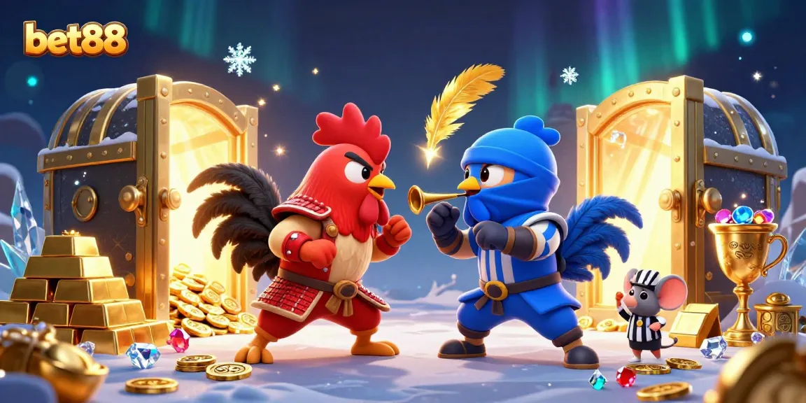 Experience thrilling bets with bet88 as cartoon roosters clash in a dynamic casino setting.