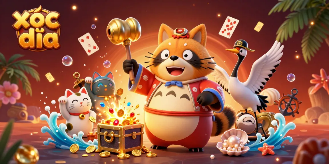 Engage in xóc đĩa betting action featuring a cheerful tanuki, samurai crane, and waving fortune cats.