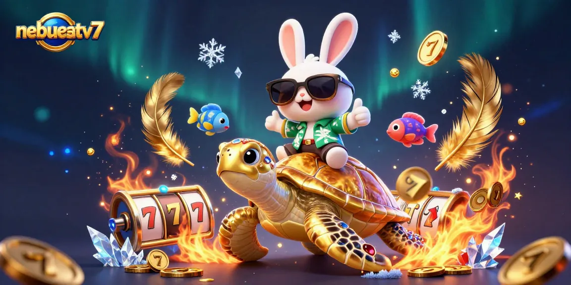 Experience winning with nebesatv7 featuring a cartoon lucky rabbit, a golden sea turtle, and slot games.