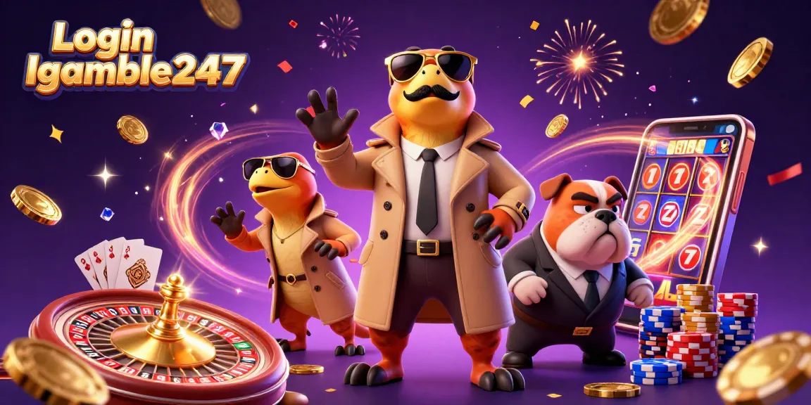 Login Igamble247 showcases thrilling 3D cartoon scene with raptors in a trench coat among casino games.