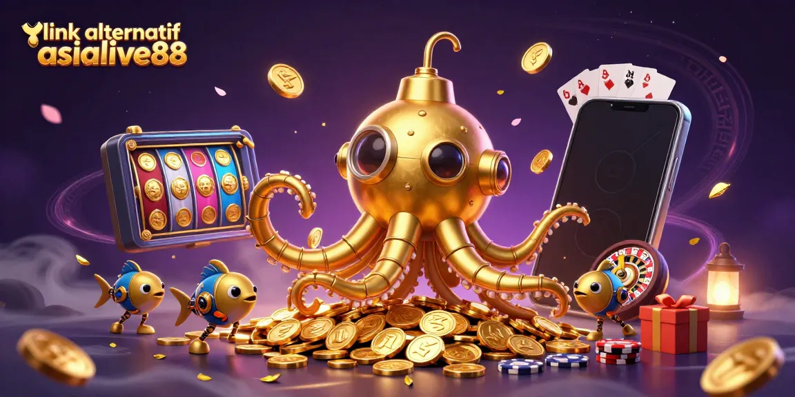 Experience thrilling gameplay with link alternatif Asialive88 in a vibrant 3D illustration filled with golden coins, games, and excitement.