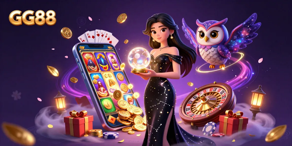 Win big at GG88 with an ultra-detailed 3D illustration showcasing exciting casino game elements and characters.