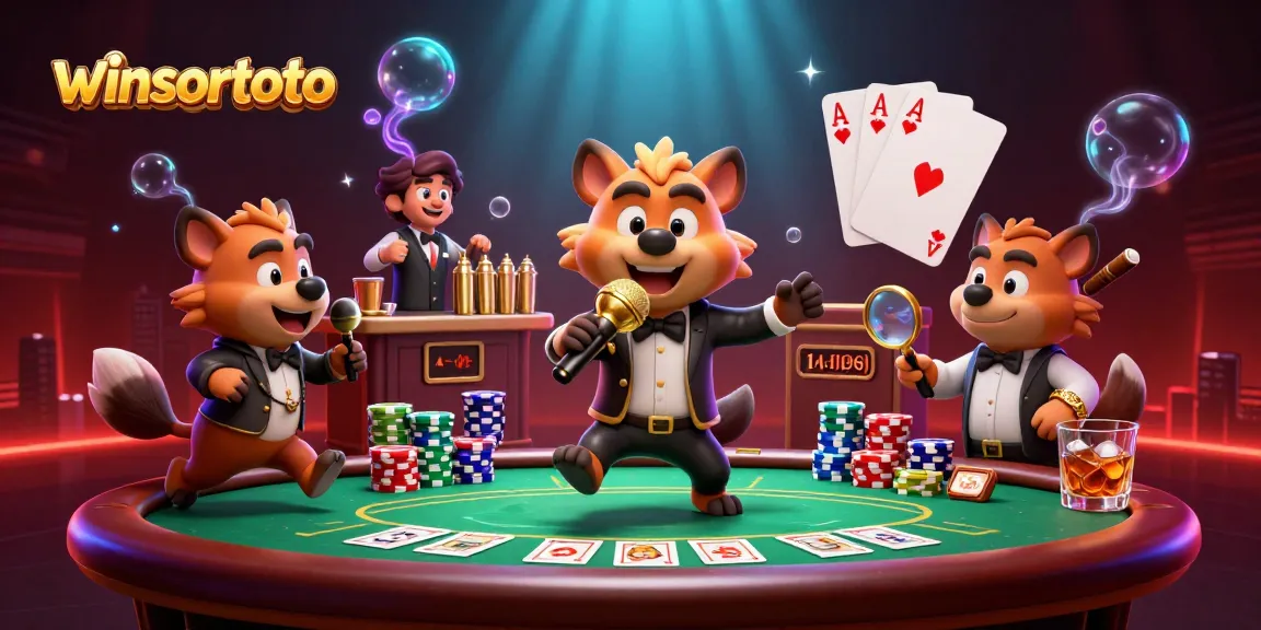 Memenangkan besar dengan winsortoto saat hyena berdiri di panggung komedi dengan suasana kasino yang ceria.