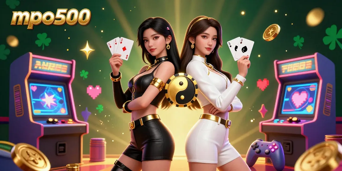 MPO500 showcases stunning Asian women holding playing cards amidst vibrant arcade elements, highlighting rich casino gaming.