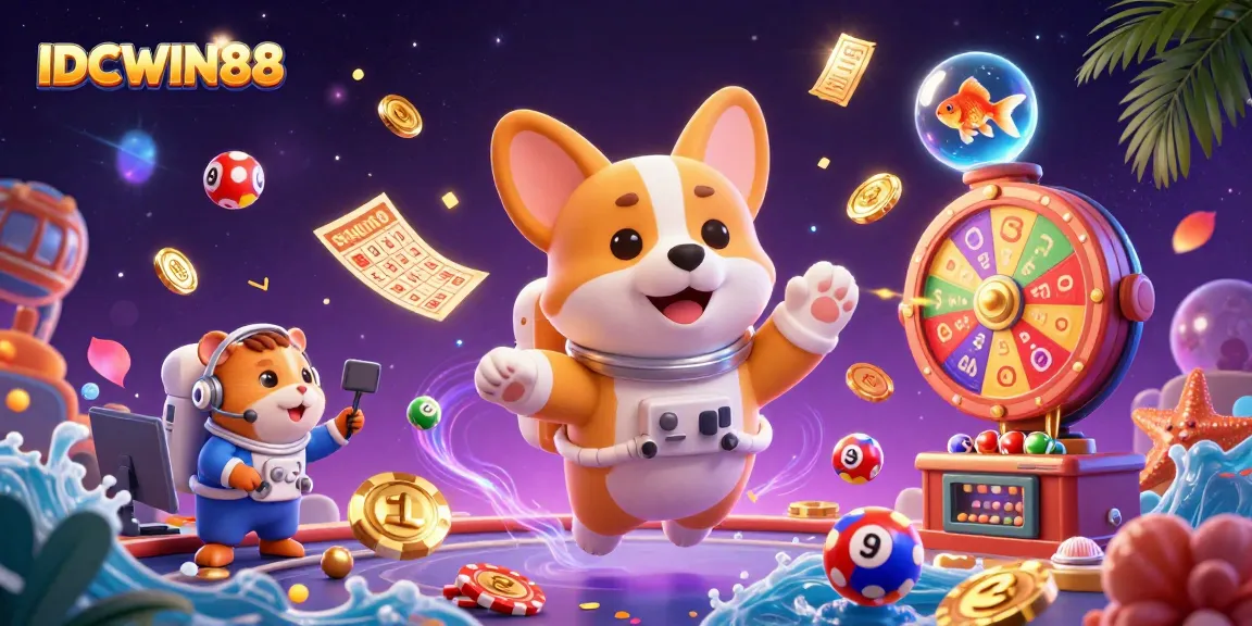 Experience thrilling gameplay with IDCWIN88, featuring an astronaut corgi in a lively casino setting.