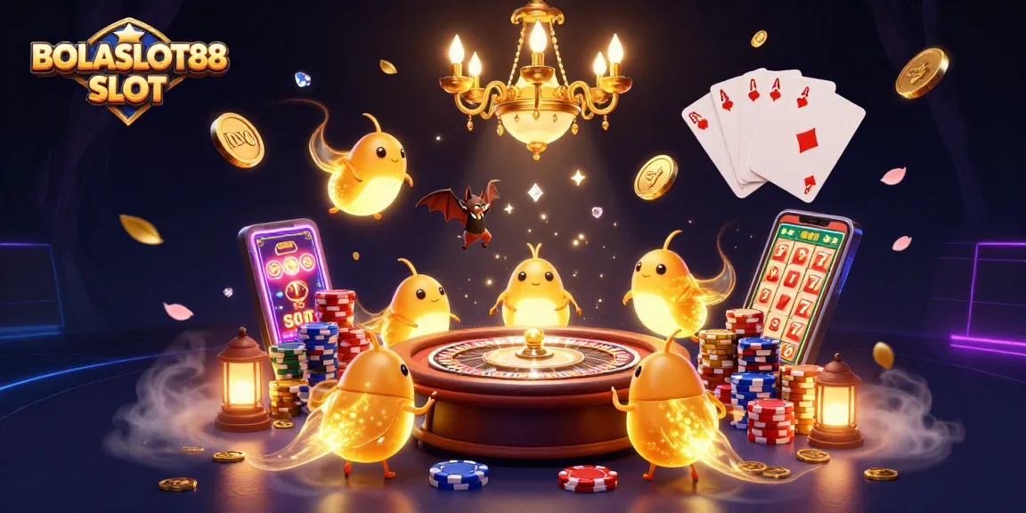 BOLASLOT88 SLOT showcases vibrant 3D scene featuring glowworms lighting a casino, highlighting jackpot excitement.