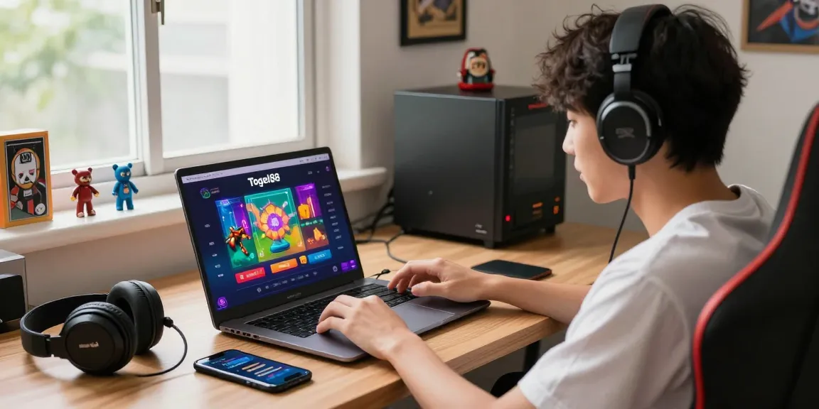 Togel88 Me Login experience with an enthusiastic gamer engaging on a sleek laptop, showcasing vibrant graphics and notifications.