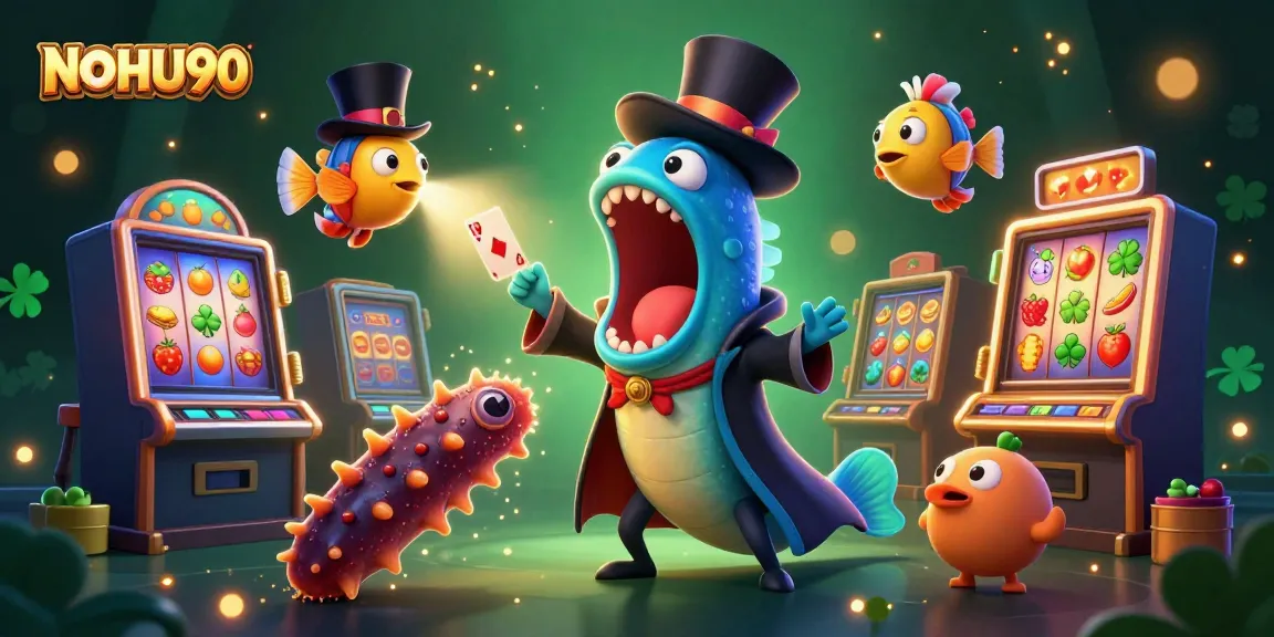 Witness NOHU90's captivating magical gambling scene with vibrant slot machines and enchanting sea creatures.