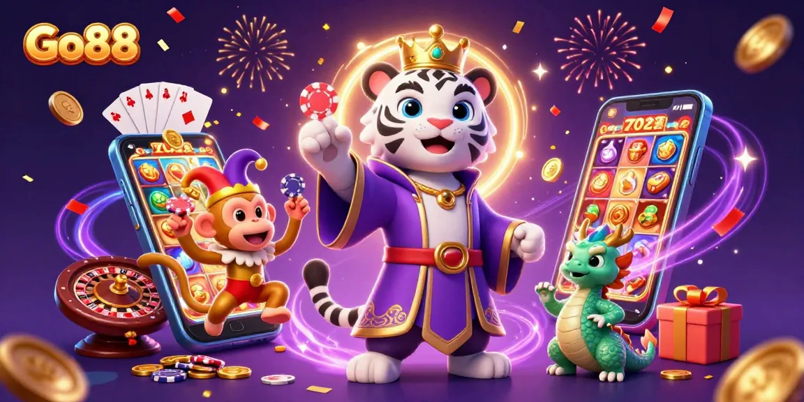 Experience the excitement of Go88 casino as an elegant tiger and playful monkey celebrate with games and riches.